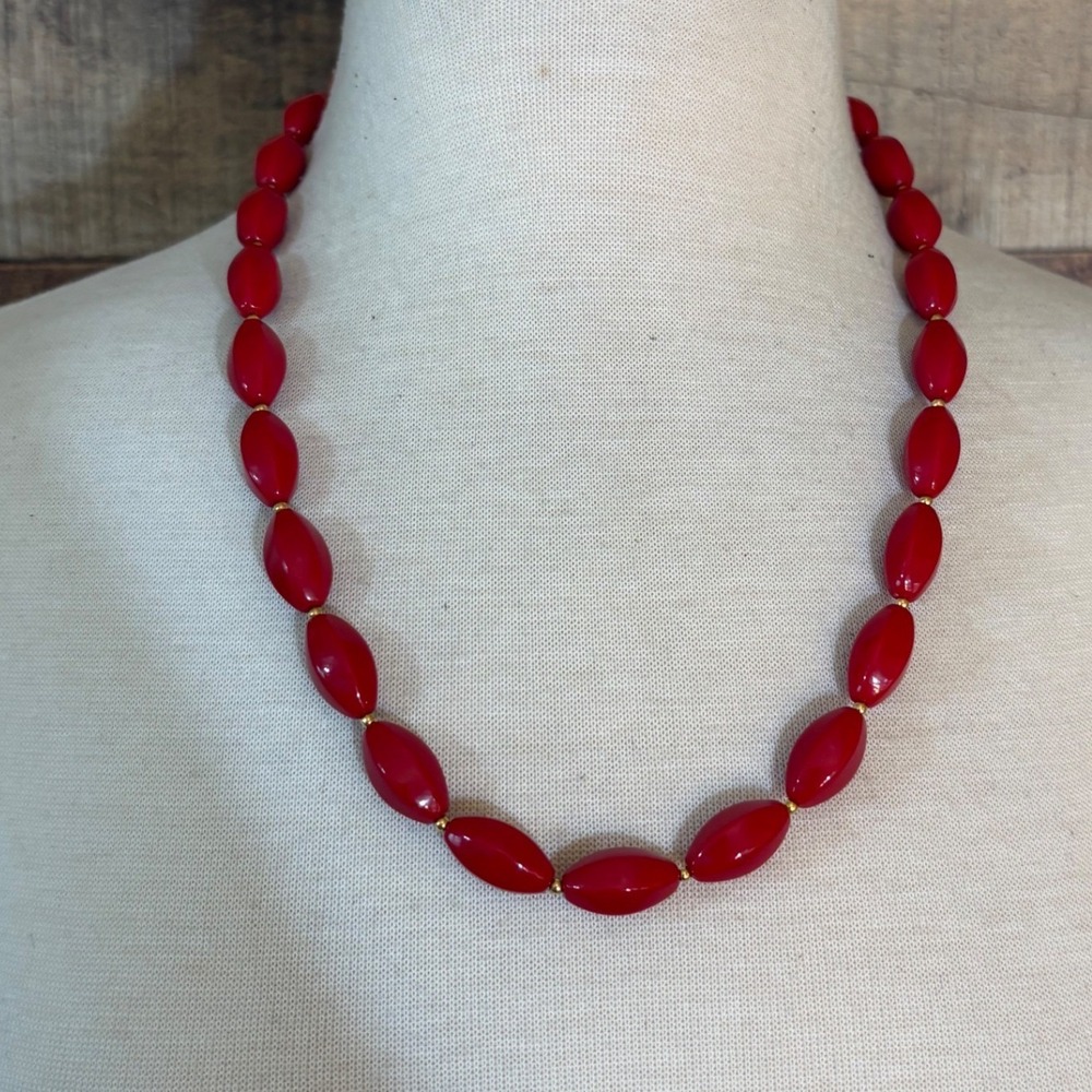 Vintage Red Marquise Bead Necklace Gold Tone Spacers 22.5 Inch Statement
